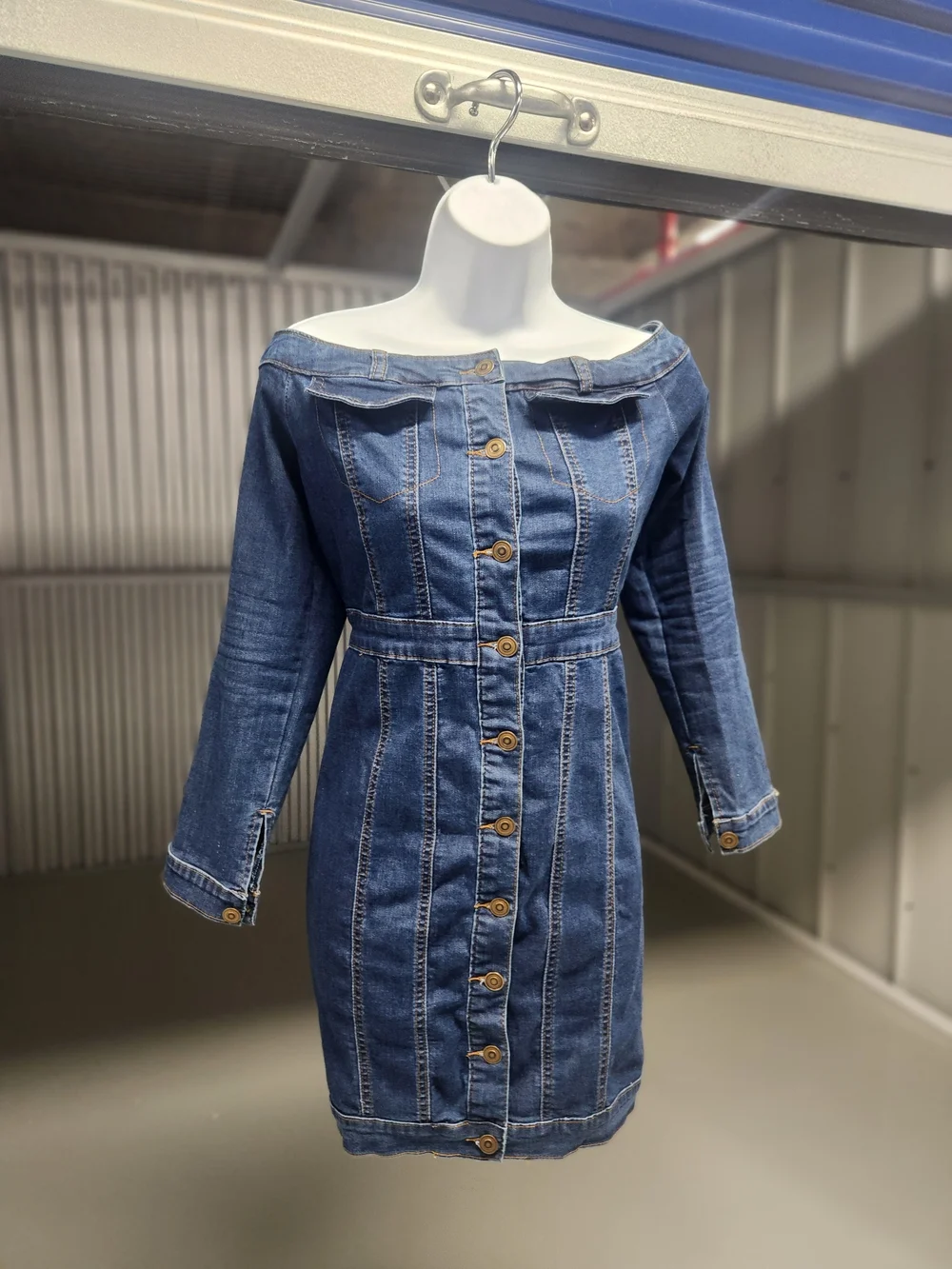 Fashion Nova Off-Shoulder Blue Denim Button-Front Dress - Picture 1 of 2